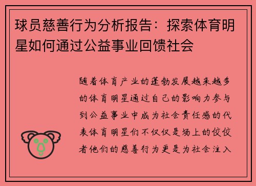 球员慈善行为分析报告：探索体育明星如何通过公益事业回馈社会
