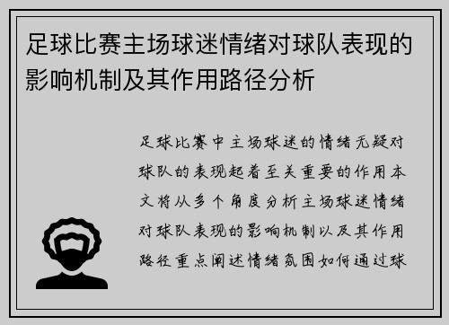 足球比赛主场球迷情绪对球队表现的影响机制及其作用路径分析