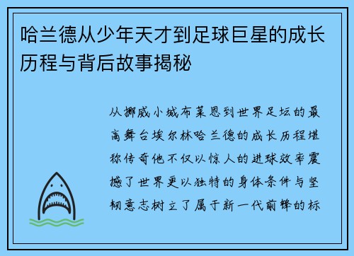 哈兰德从少年天才到足球巨星的成长历程与背后故事揭秘